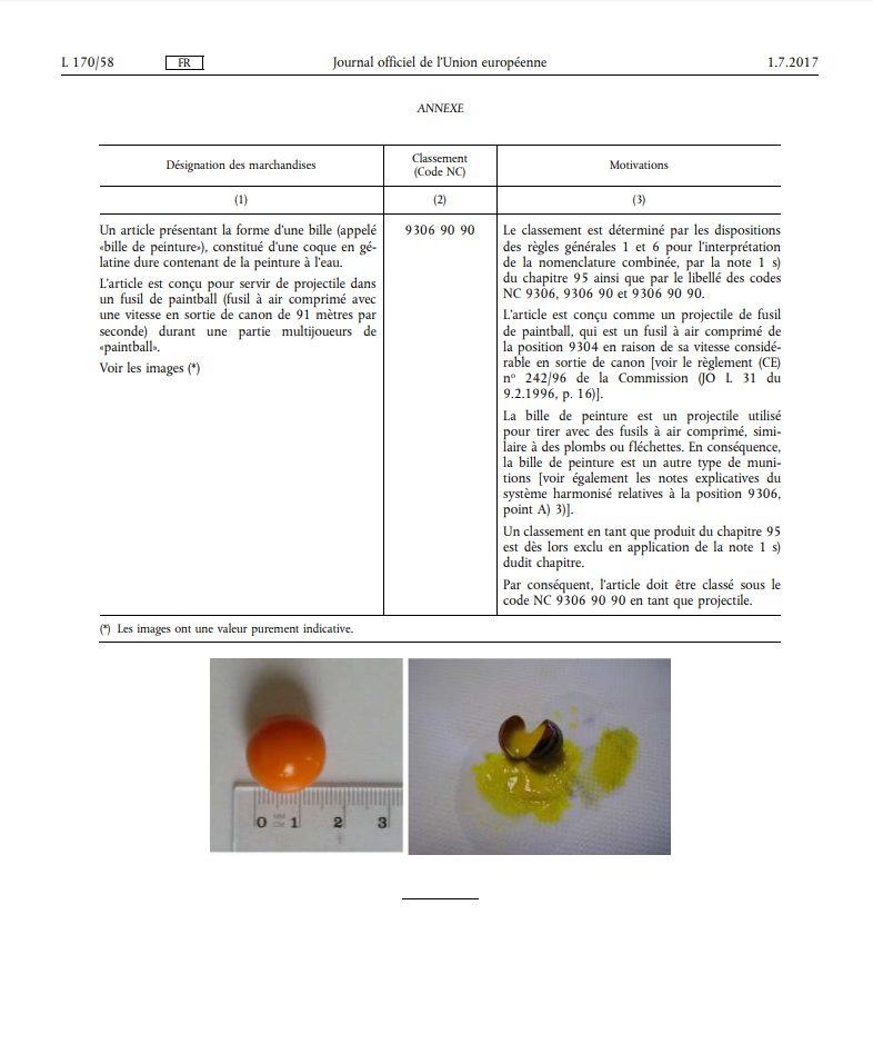 Code douanier bille de paintball